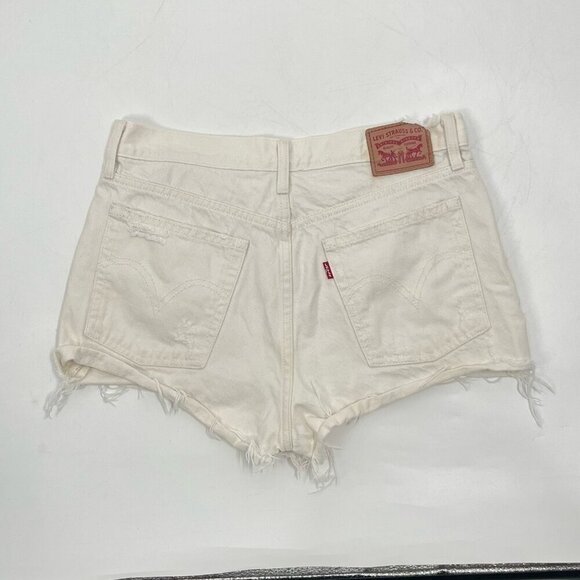 Levis White Denim Shorts Distressed Sz 30 Button Fly High Rise - Picture 3 of 5